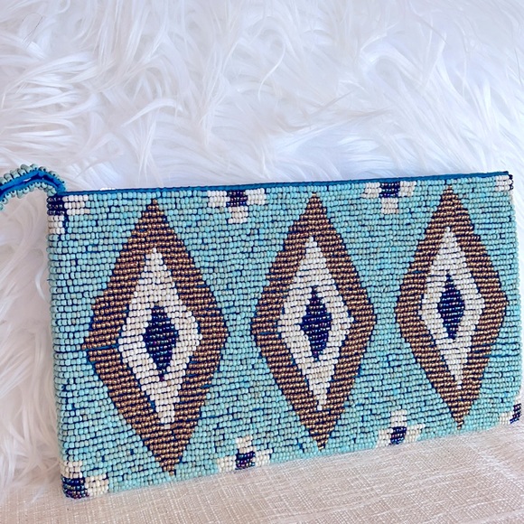 BoHo Lux Tribal Artesian Shimmer Beaded Clutch Wristlet Bag W/Lining & Zipper - Picture 2 of 4
